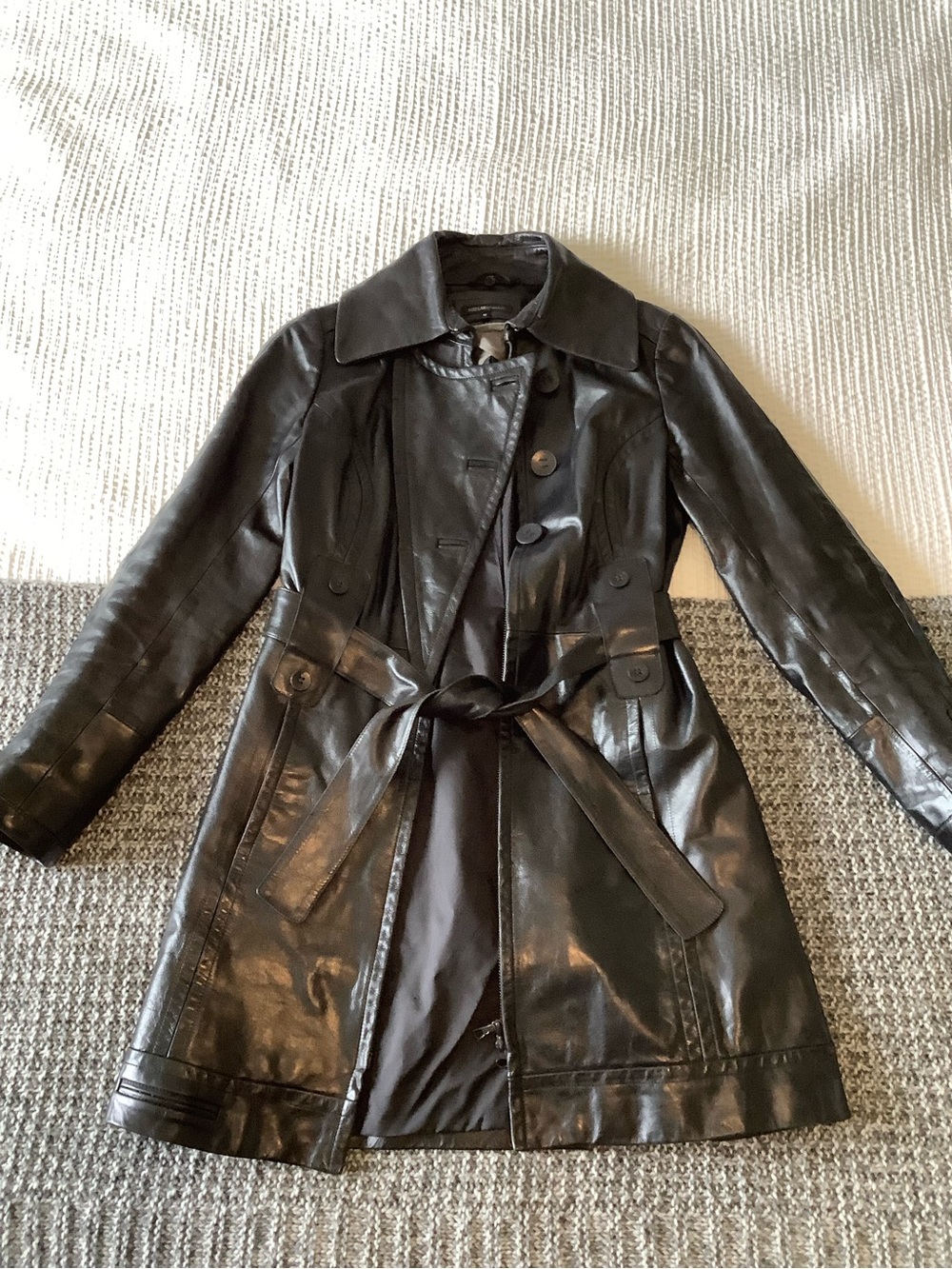 RUDSAK Black Real Leather Belted Trench Coat